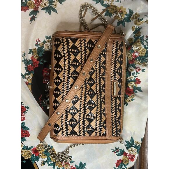 Rebecca Minkoff MAC Woven Leather Crossbody Tan Black Chain Strap Shoulder Bag - Picture 3 of 6